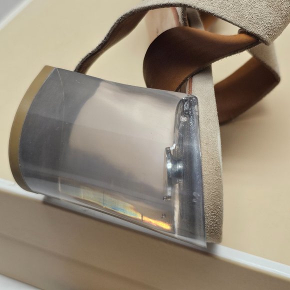 New Womens Michael Kors Suede Light Camel Clear Chunky Heel Leather Soles 11 - Picture 15 of 15